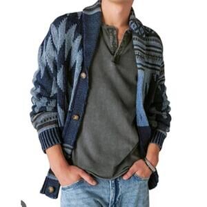 Lucky Brand Sweater Southwest Aztec Cardigan Small Shawl Neck Blue Button Front